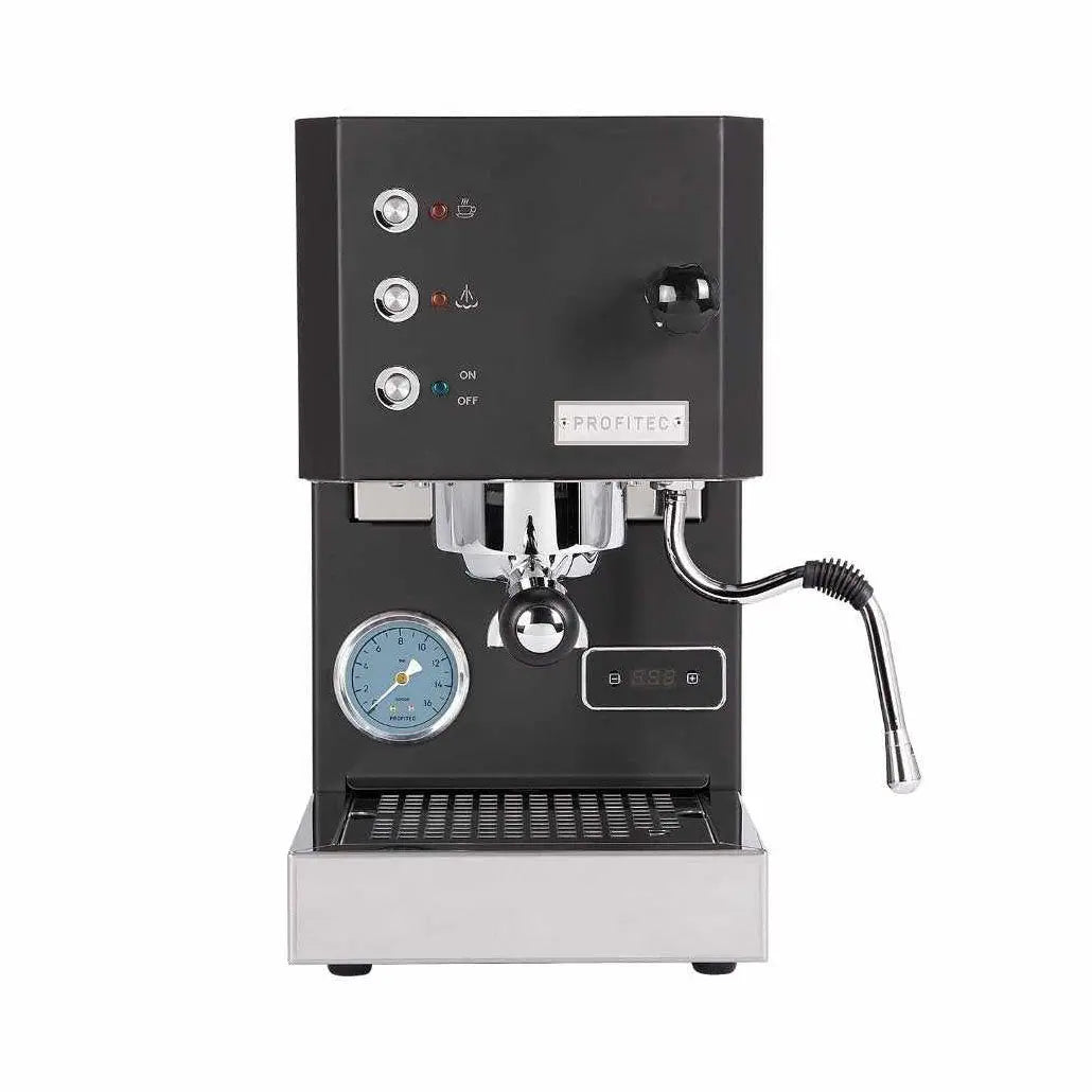 Profitec GO Espressomaskin i svart med tryckmätare och steamarm för professionell kaffebryggning.