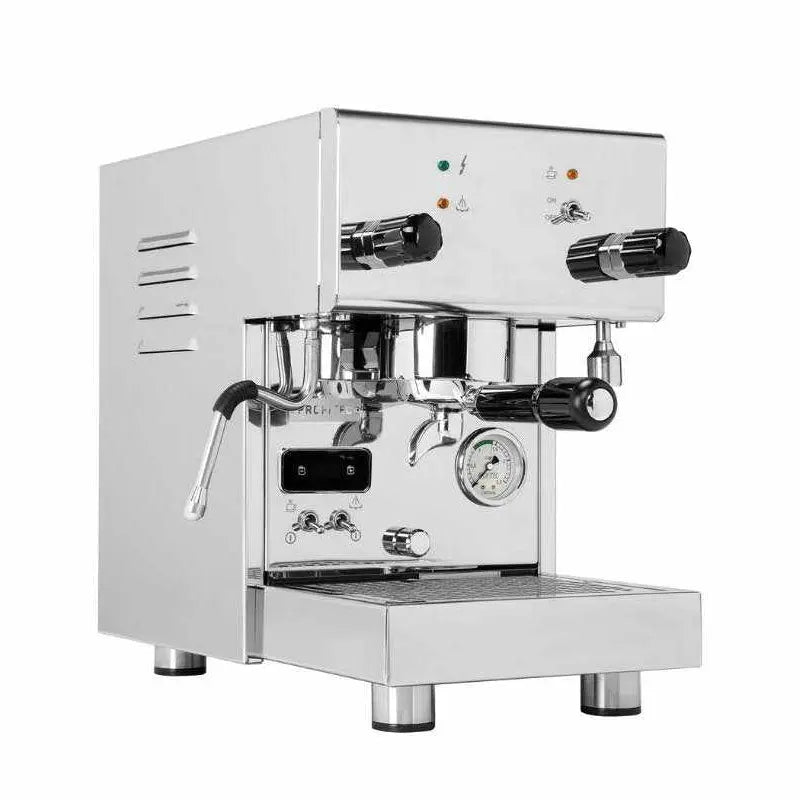 Profitec Pro 300 espressomaskin i rostfritt stål med tryckmätare och dubbla vred för precision vid bryggning.