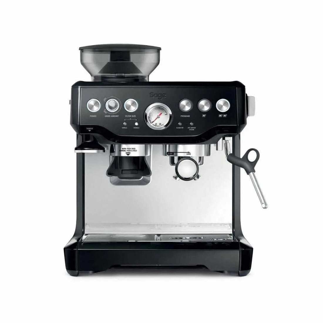 Sage Barista Express espressomaskin i svart, visas framifrån på en vit bakgrund.