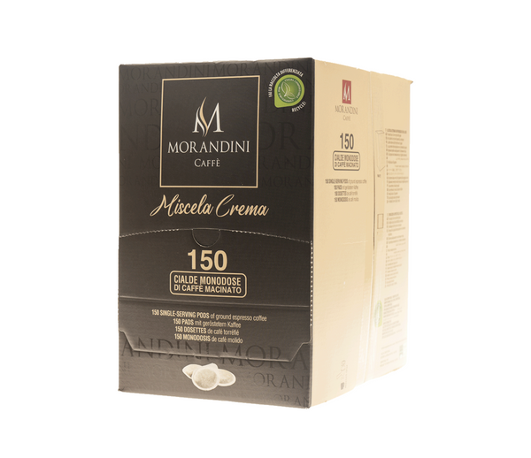 Svart-beige förpackning med 150 fylliga Morandini ESE-pods, Bästsäljare och Senaste nytt, allt om kaffe.