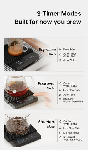 Svart kaffevåg med flera timerlägen och precision för espresso och bryggning, barista tillbehör, allt om kaffe.