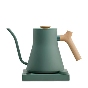 Grön elektrisk vattenkokare med trähandtag och smal pip för precision, del av Fellow, EspressoGear, allt om kaffe